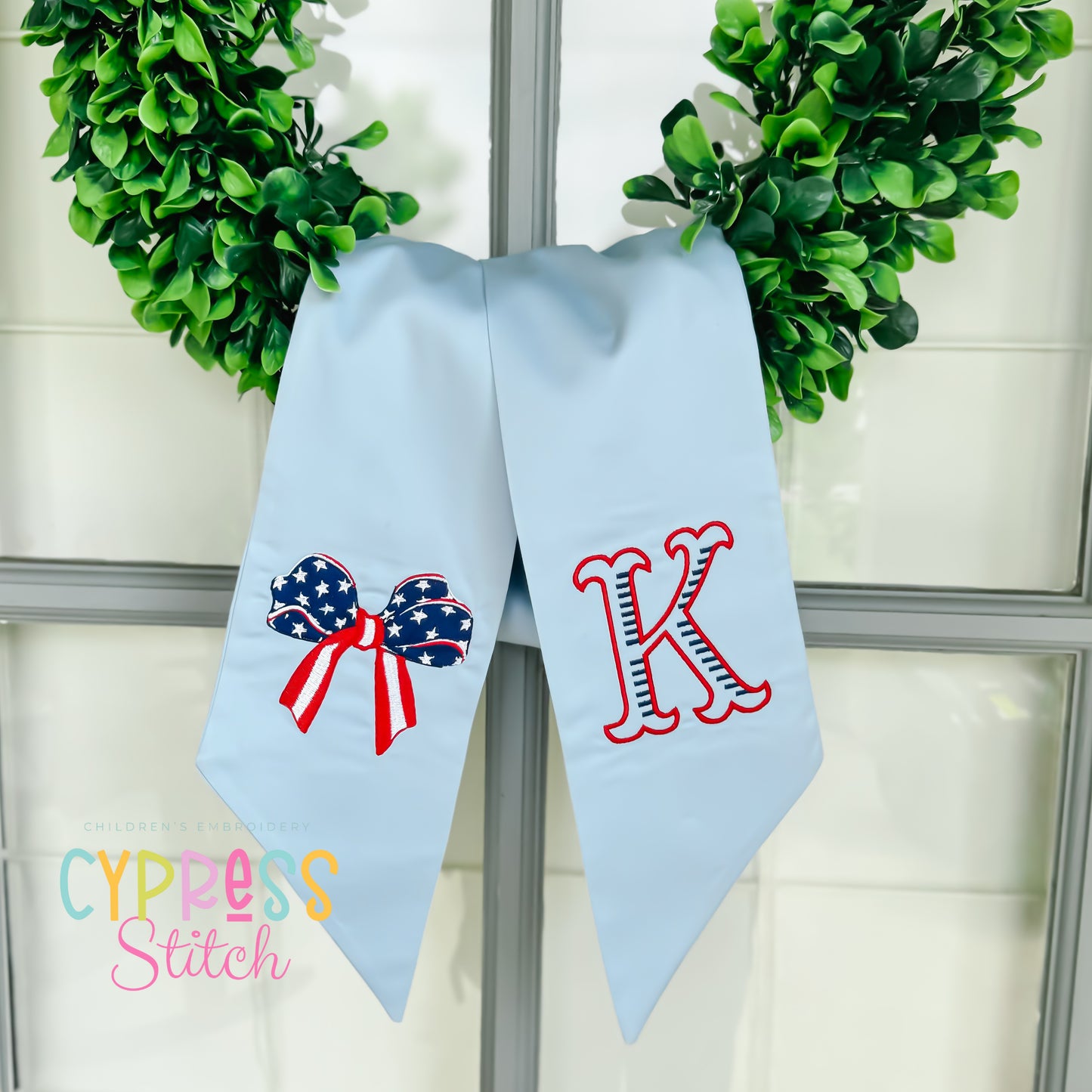 Patriotic Summer American Flag Wreath Sash with Monogram